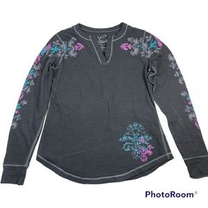 Currants long sleeve V-neck black slub jersey top w/ floral screen print Size S